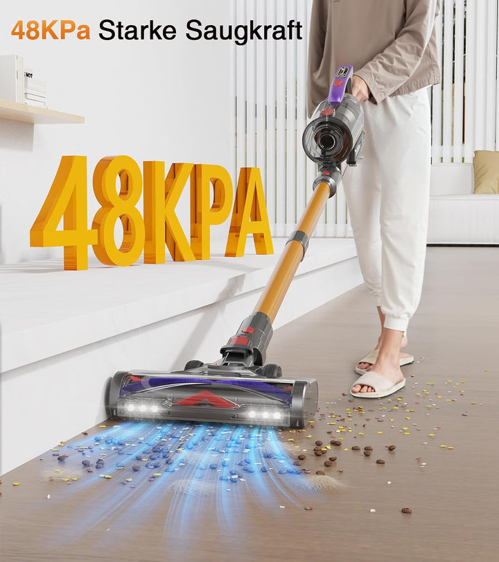 CHEBIO Staubsauger Kabellos 48KPA/580W/65Mins, 1.6L Akku Staubsauger mit LED-Display&amp;Anti-Tangle-Bür