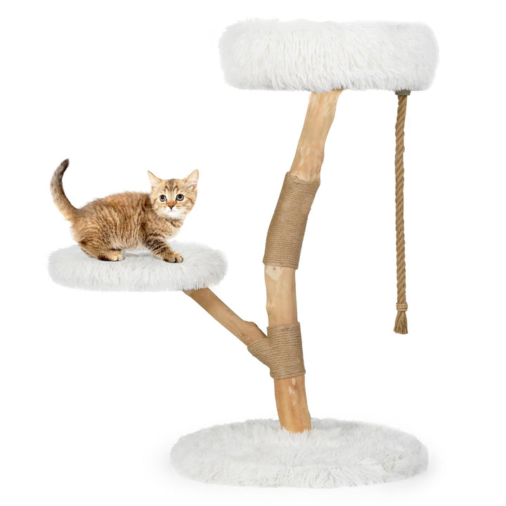 COSTWAY 90 cm Kratzbaum Holz, Katzenbaum mit Kratzpfosten aus Jute und Massivholz, 3 Plüschsitzfläch