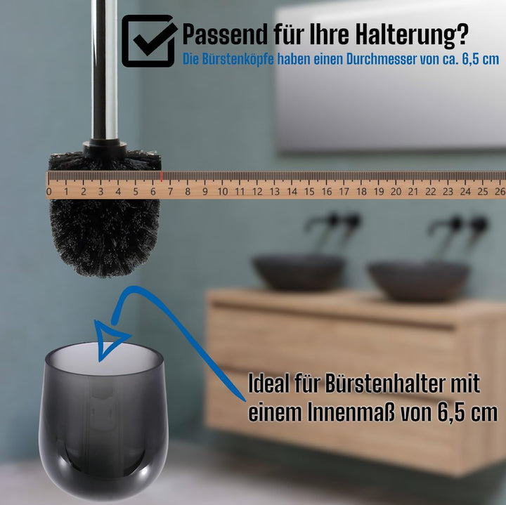 Daloual - 3 x Ersatz WC-Bürstenkopf Schwarz Ø ca. 6,5 cm + 1 x Edelstahl-Griff 26,5 cm - Toiletten-B