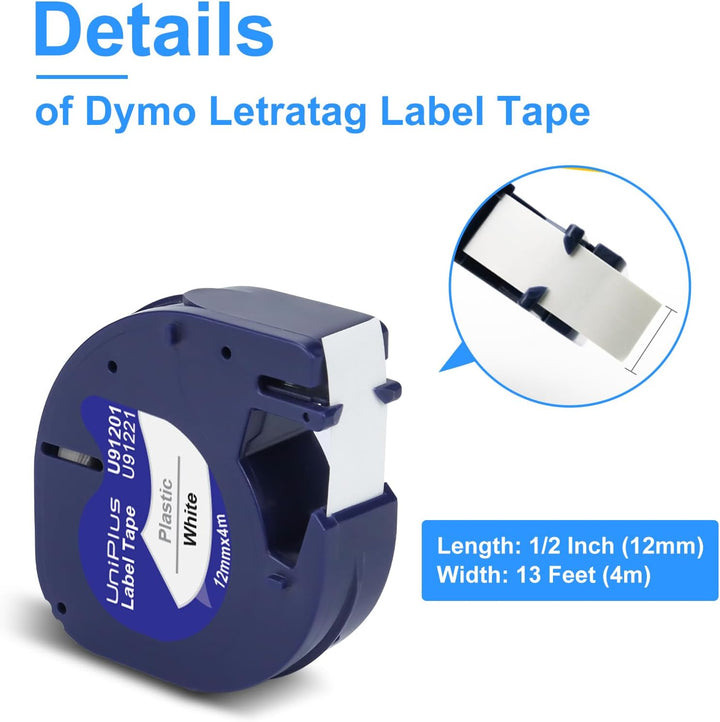 UniPlus 10x Kompatible für Dymo Letratag 12mm x 4m Etikettenband 91221 91201 S0721660 Kunststoff Sch