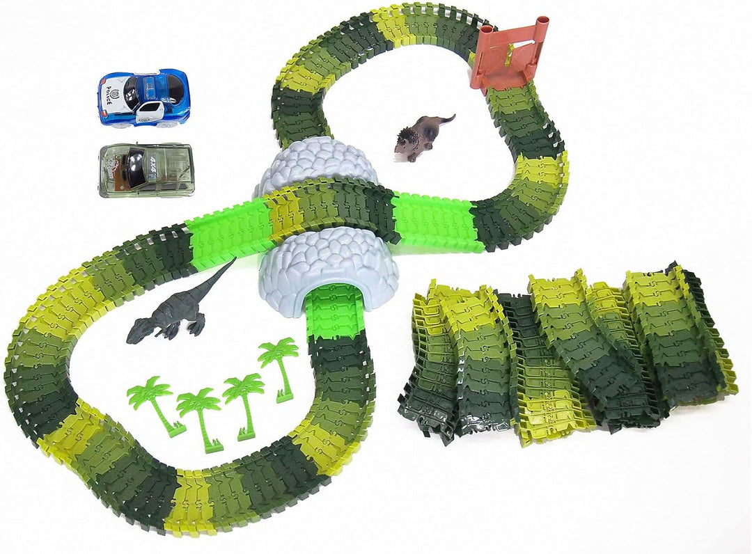 Amewi Rennbahn Magic TRAXX, Autorennen im Dino Park, 374 Teile Mega Set mit Tunnel und Aufbewahrungs