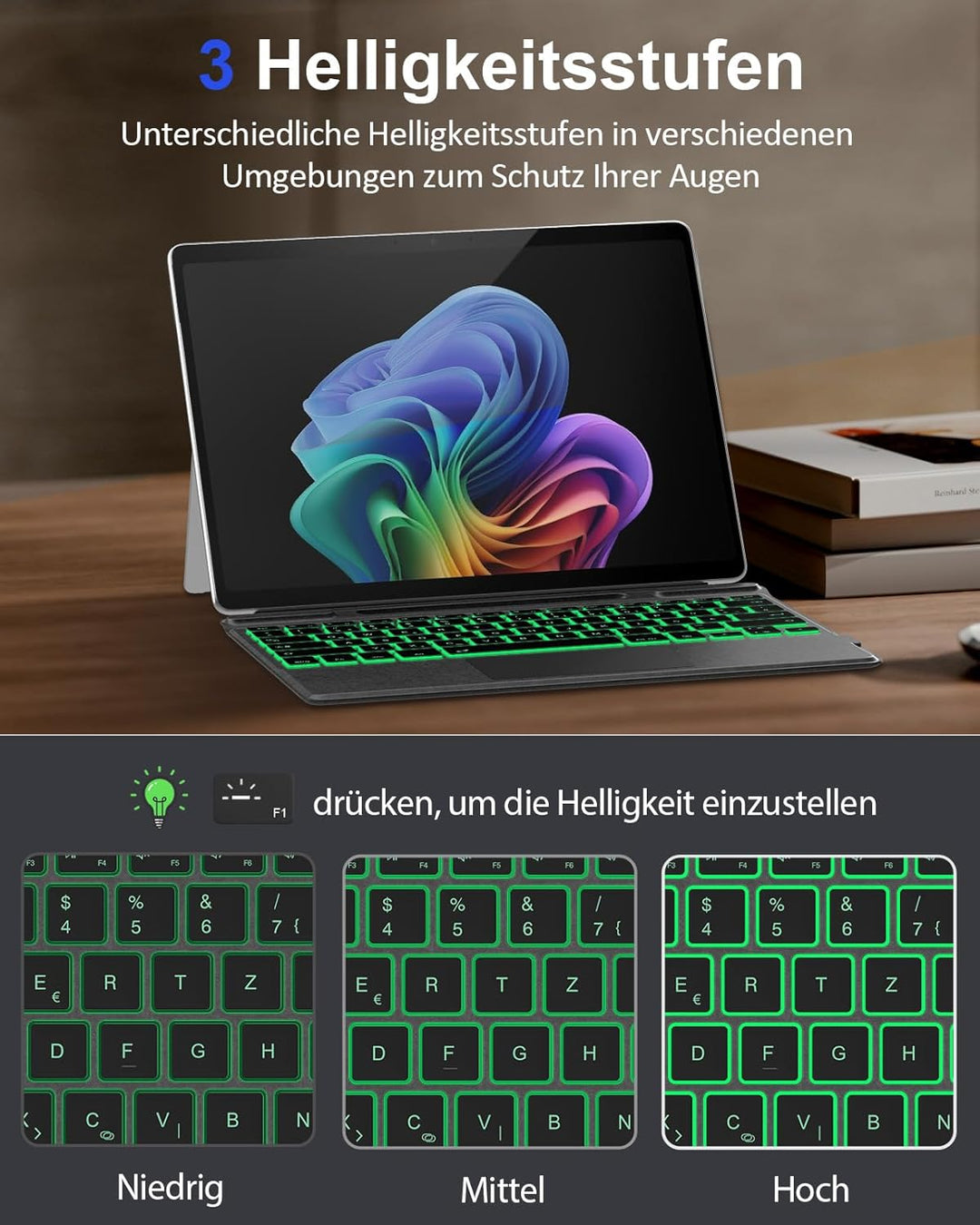 MoKo Deutsche QWERTZ Bluetooth Tastatur mit Hintergrundbeleuchtung & Touchpad für Microsoft Surface