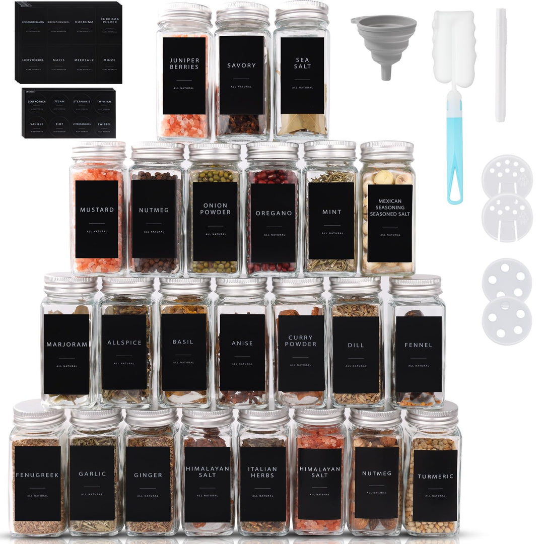 FoiiLiio Gewürzgläser Eckig Set mit SilbrigDeckel, 24er 120ml Gewürzbehälter Glas mit Streueinsatz,