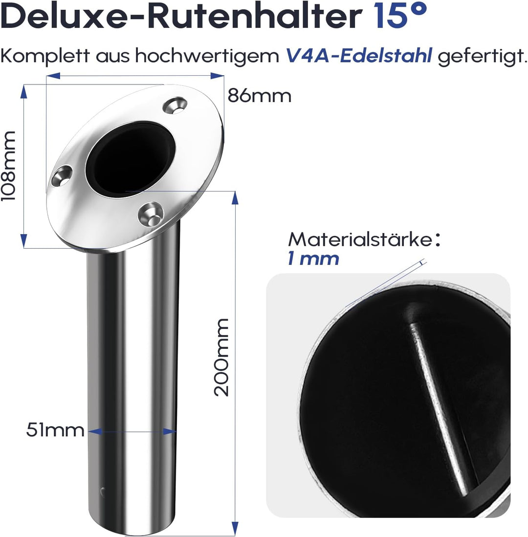 Angelrutenhalter 2er-Pack, 316 Edelstahl 15°/30°/90° Rutenhalter für Angelboote, bündige Montage mit
