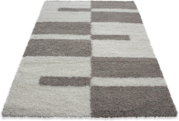 Teppium Shaggy Hochflor Teppich Läufer Flur 60 x 110 cm Beige - Kariertes Flauschiger Teppich, Weich