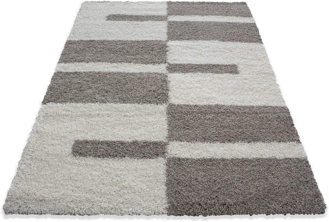 Carpetsale24 Teppich Wohnzimmer Moderne Kariert Design Shaggy Flokati 240 x 340 cm Beige-Creme - Hoc