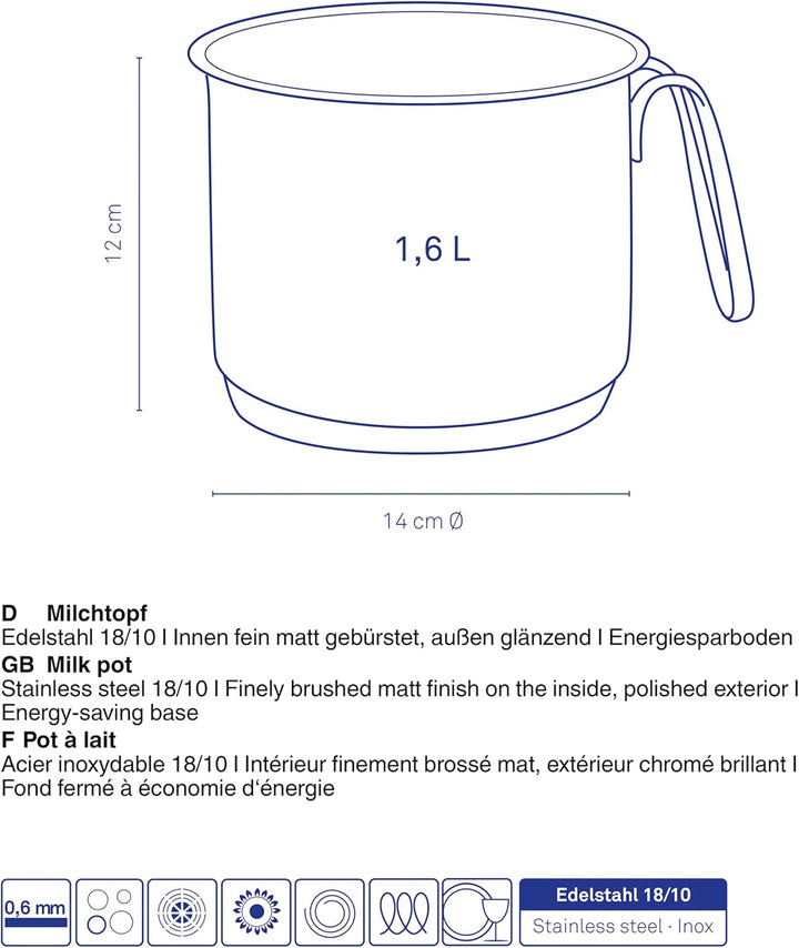 Kela 10184 Flavoria Milchtopf, 18/8 Stainless Steel, 1.6 liters, Rostfrei