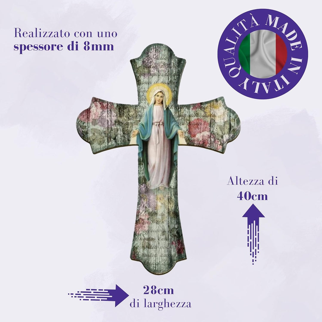 Fratelli Bonella | Vintage-Kreuz aus Holz Religiöse Frau der Medaille 28 x 40 cm | Made in Italy 28x