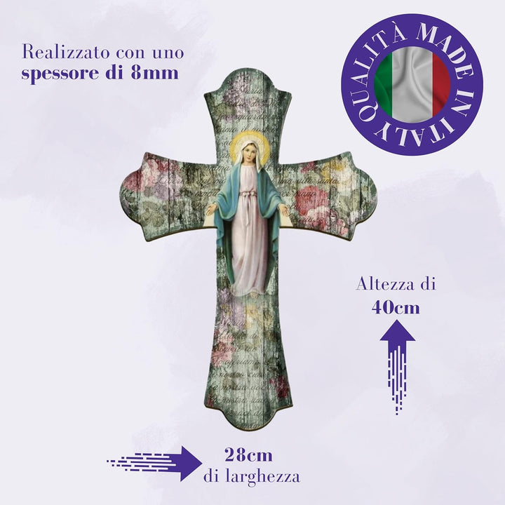Fratelli Bonella | Vintage-Kreuz aus Holz Religiöse Frau der Medaille 28 x 40 cm | Made in Italy 28x