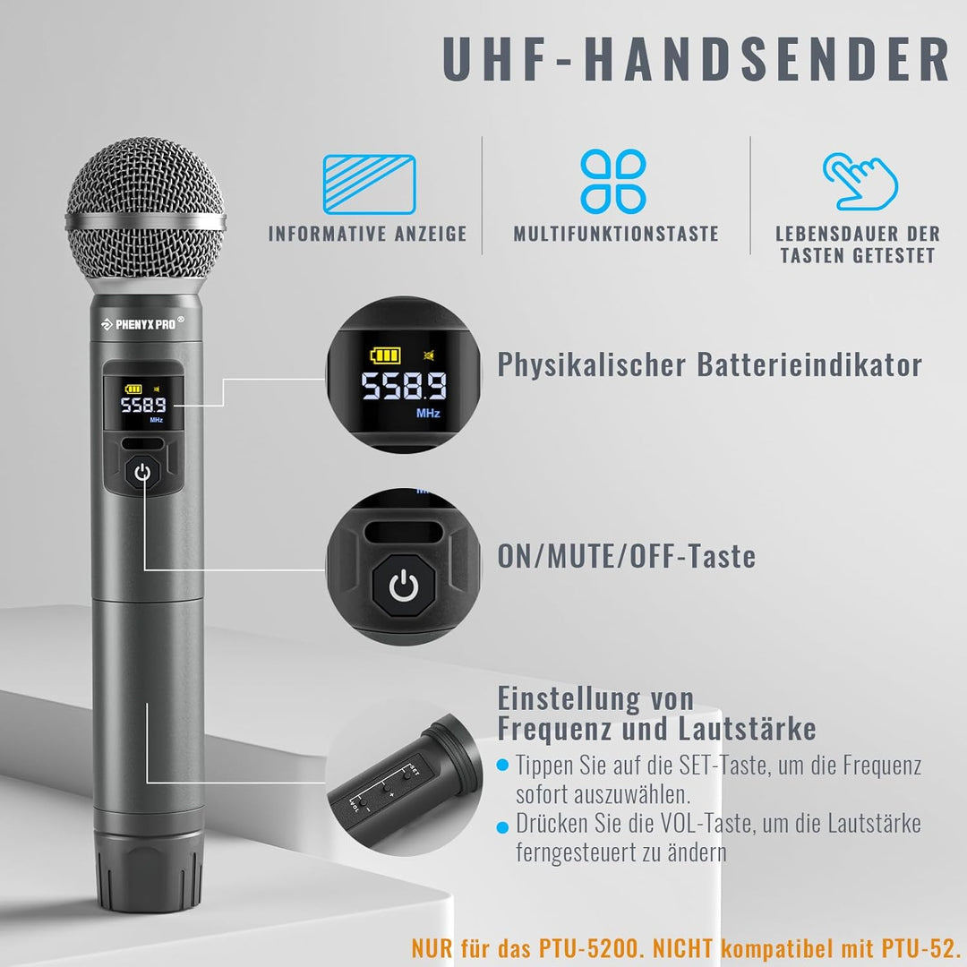 Phenyx Pro Drahtloses Mikrofonsystem, 4-Kanal-Drahtlosmikrofon-Set mit Hand-/Taschen-/Kopfbügel-/Ans
