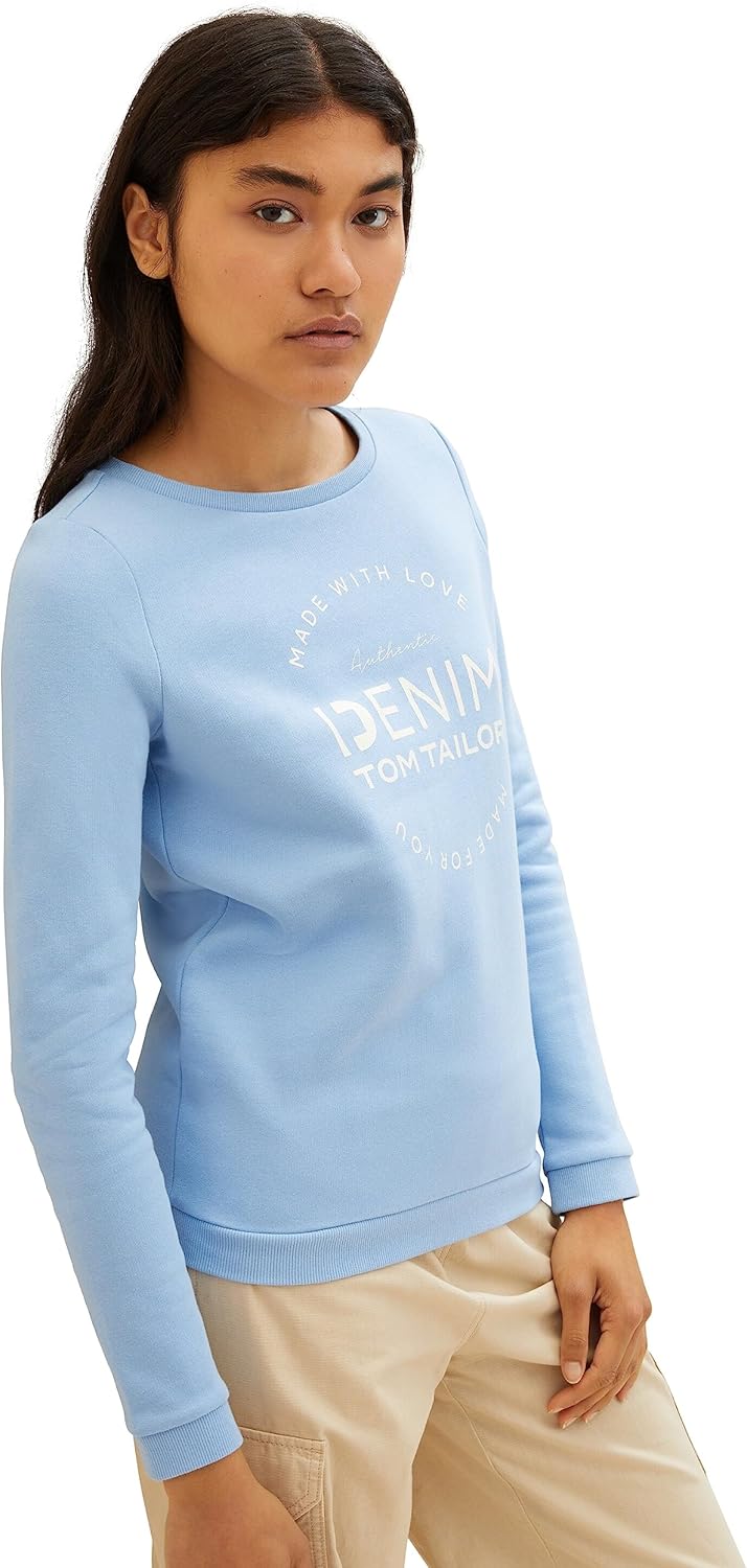 TOM TAILOR Denim Damen Sweater mit Logo-Print & Raffarm M 11139-soft Charming Blue, M 11139-soft Cha