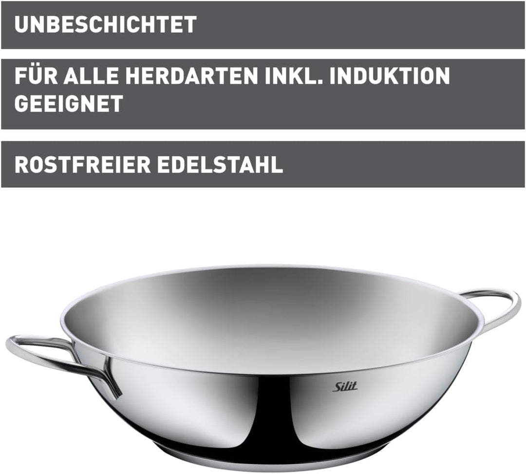 Silit Wok 32 cm, Wokpfanne Induktion, Edelstahl unbeschichtet, spülmaschinengeeignet