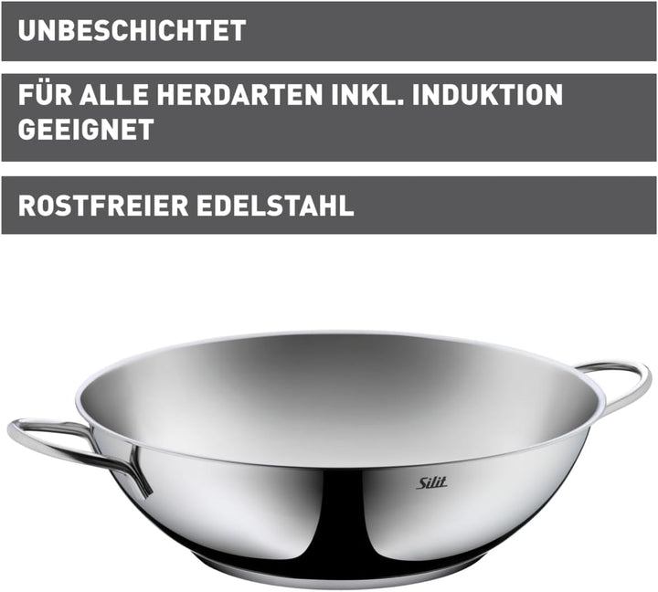 Silit Wok 32 cm, Wokpfanne Induktion, Edelstahl unbeschichtet, spülmaschinengeeignet