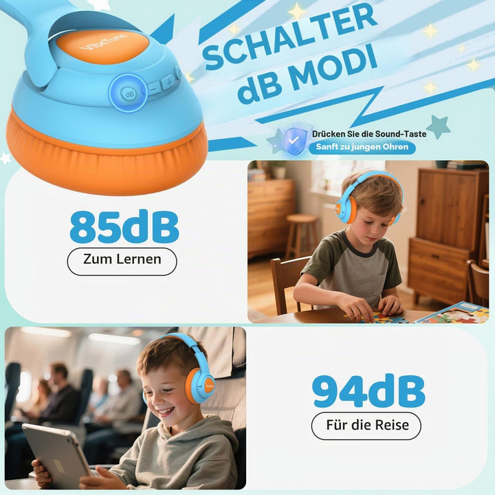 VibeTune Kinder Bluetooth Kopfhörer, 60 Stunden Spielzeit, Lautstärkebegrenzung 85/94dB, Bluetooth 5