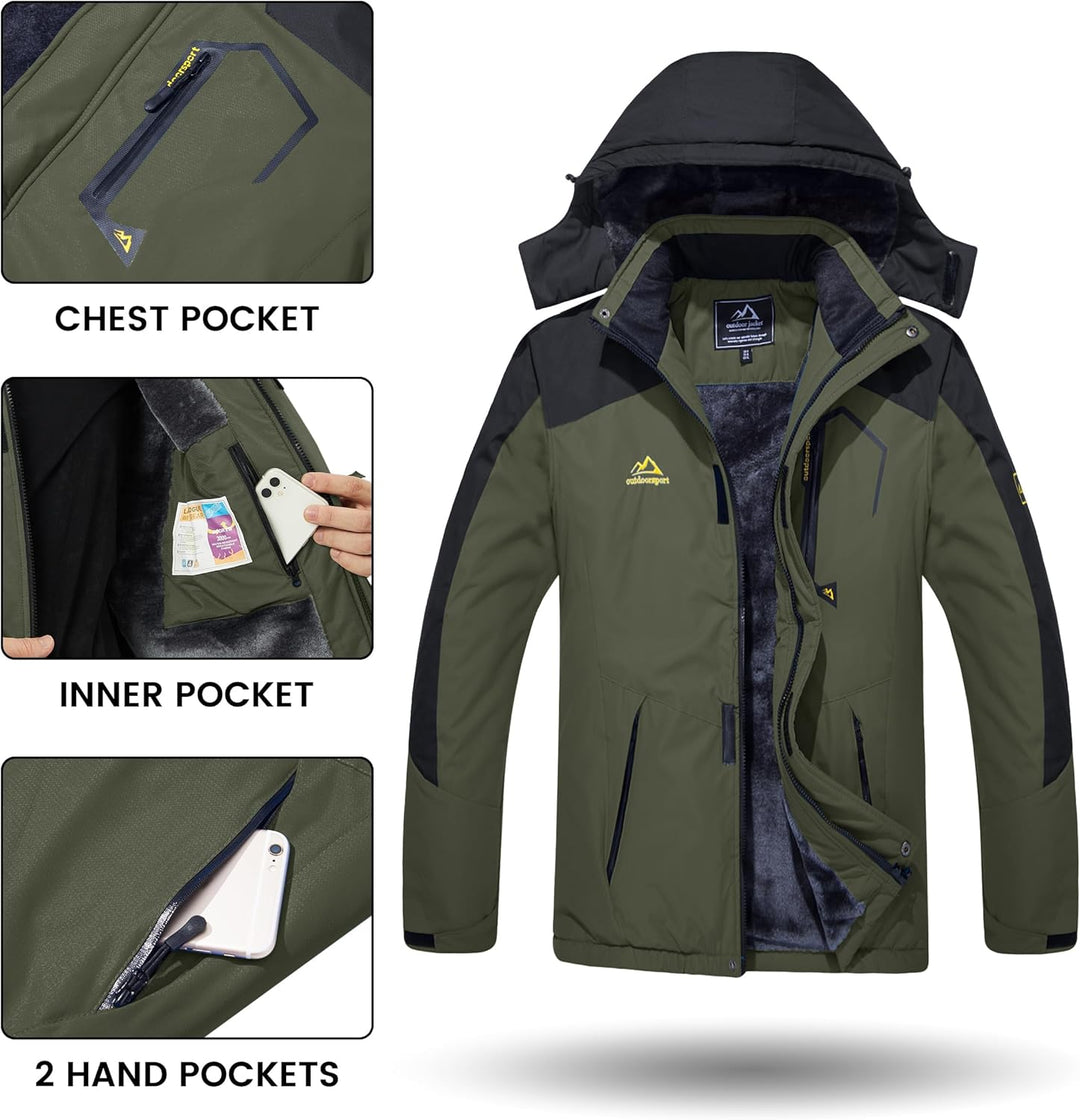 TACVASEN Herren Winter Wasserdichte Winddichte Winterjacke Warme Fleece-Futter Ski Regenmantel mit K