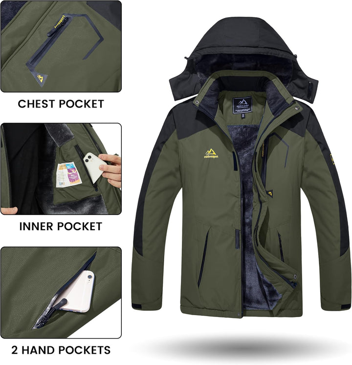TACVASEN Herren Winter Wasserdichte Winddichte Winterjacke Warme Fleece-Futter Ski Regenmantel mit K