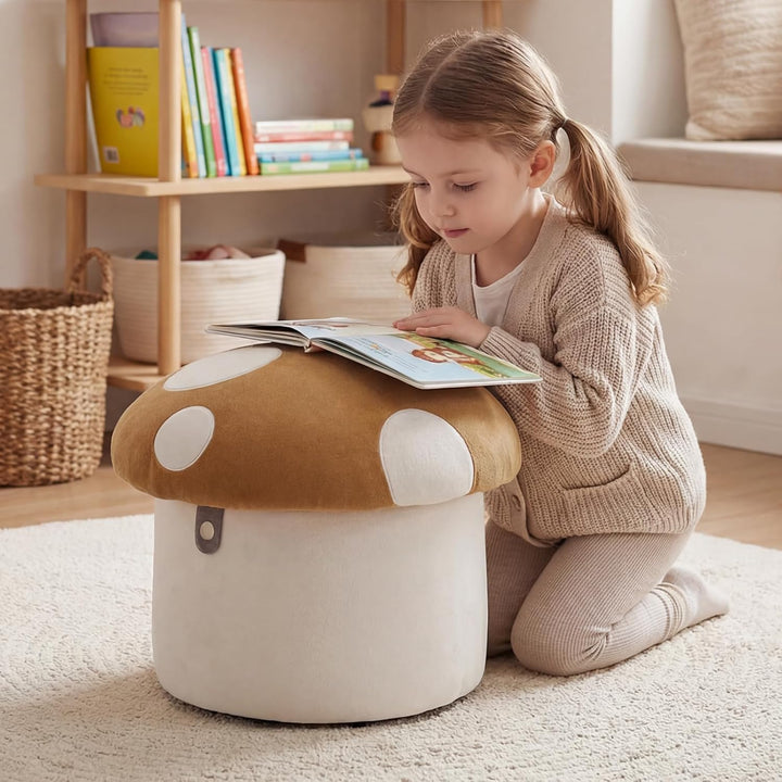Ya-Home Kinder Aufbewahrungsbox aus Chenille in Pilzform mit verstecktem Stauraum – gepolsterte Spie