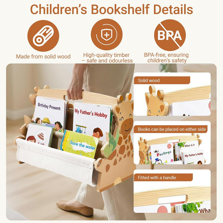 Kinder Bücherregal aus Holz, Montessori Bücherregal mit robusten Canvas-Taschen, tragbar mit Griff,