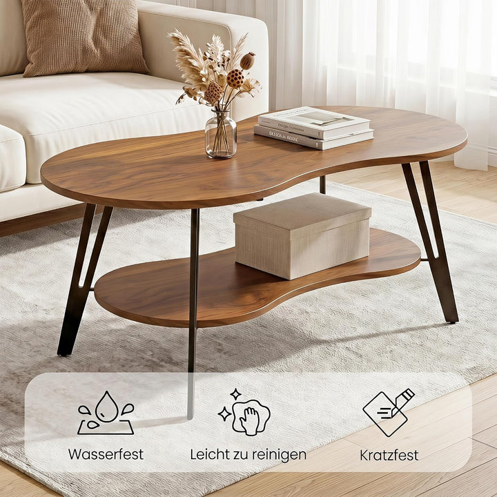 Manora Ovaler Couchtisch Braun mit Ablagefach &amp; Metallbeinen - Moderner Wohnzimmertisch Kaffeetisch