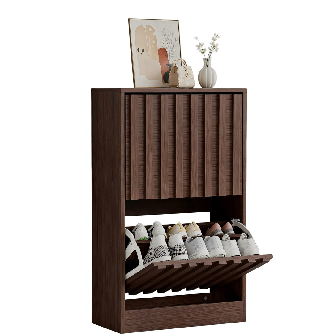 UEV Schuhschrank mit 2 Klappen Schmal Holz Schuhkipper Schuhkommode mit Kippschutz, Schuhaufbewahrun