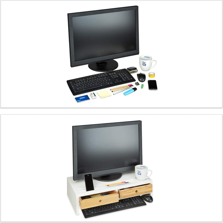 Relaxdays Monitorständer Bambus, Bildschirmerhöhung mit 2 Schubladen & Fächern, Lapdesk HBT 14 x 60