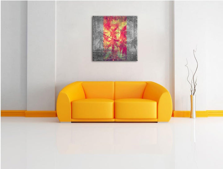 Pixxprint Pinke Ahornblätter über Wasser schwarz/weiss, Format: 70x70 auf Leinwand, 70x70