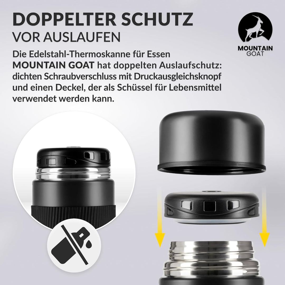 MOUNTAIN GOAT Thermobehälter für Essen 1L aus Edelstahl, Doppelwandig, Druckentlastungsventil, Isoli