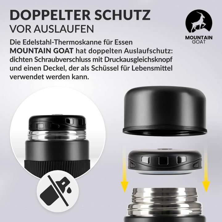 MOUNTAIN GOAT Thermobehälter für Essen 1L aus Edelstahl, Doppelwandig, Druckentlastungsventil, Isoli