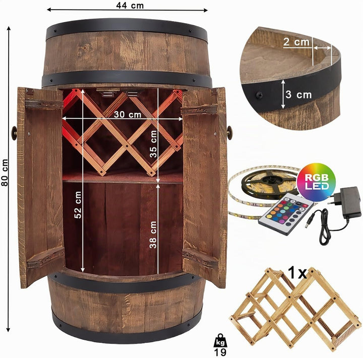 Fassbar mit Tür und Weinhalter RGB-LED-Beleuchtung - Weinregal. Hausbar Weinrack 80 cm. Rustikaler d
