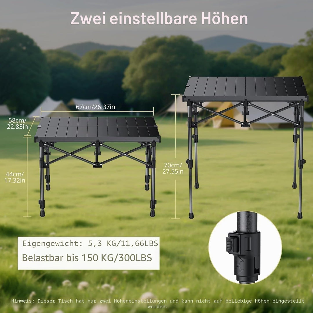 Anbte Campingtisch Klapptisch 67x58cm(LxB) Aluminium Aufrollbare Tischplatte mit 2 Höhen 44/70cm X-F