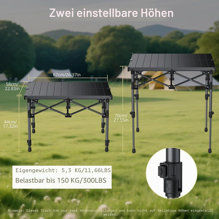 Anbte Campingtisch Klapptisch 67x58cm(LxB) Aluminium Aufrollbare Tischplatte mit 2 Höhen 44/70cm X-F