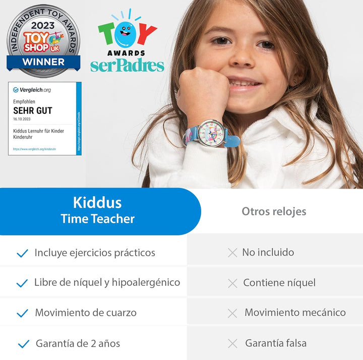 Kiddus Lern Armbanduhr für Kinder, Jungen und Mädchen. Analoge Armbanduhr mit Zeitlernübungen, japan