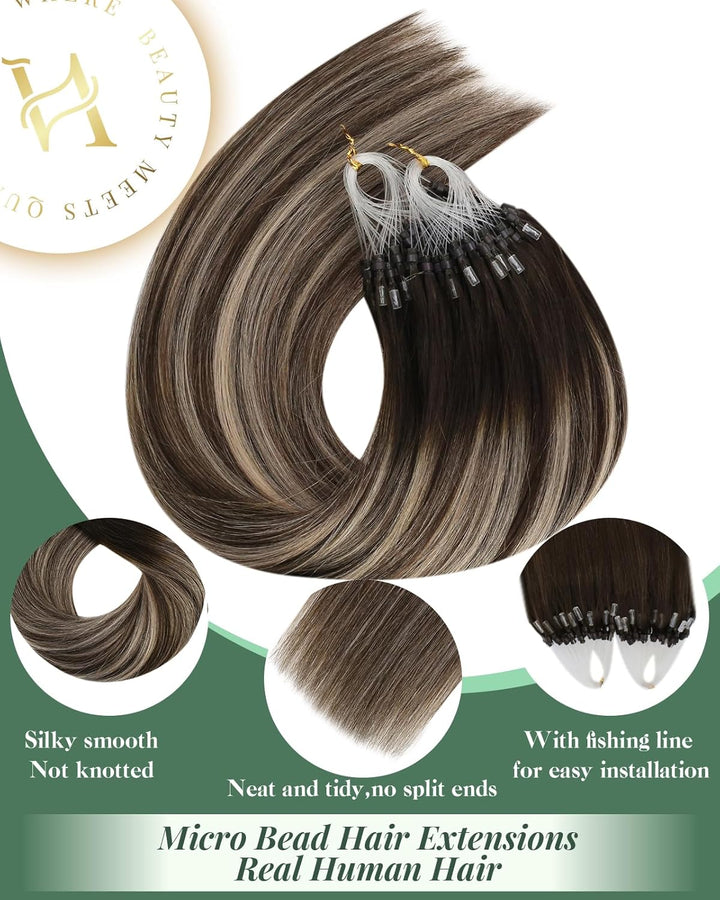 Ugeat 55cm Haarverlängerung Micro Bondings Balayage 4/18/4 Dunkelbraun Ombre Aschblond Microlink Hai