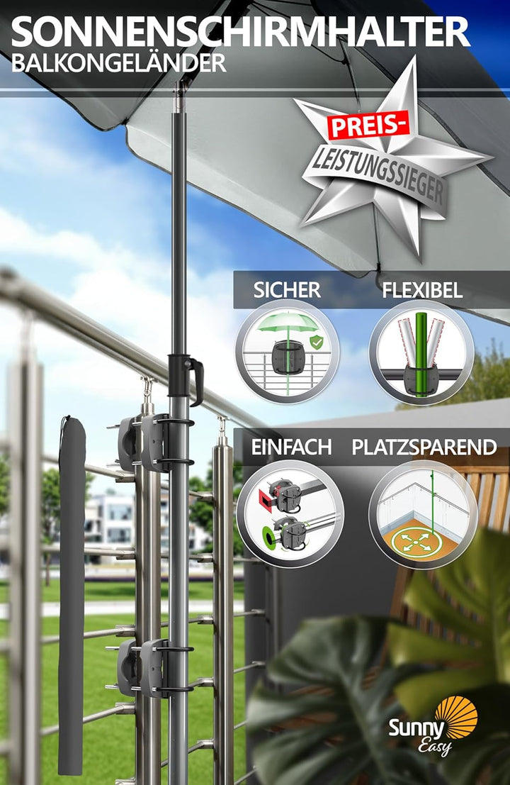 4smile Sonnenschirm Balkon SunnyJoy im 4er-Set - UPF 50+ Balkon Schirm + 2 x Sonnenschirmhalter Balk