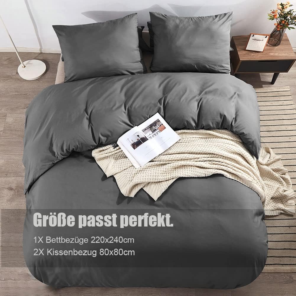 Soifox Bettwäsche 220x240 Grau Anthrazit - bettwäsche-Sets aus Mikrofaser bügelfrei & knitterfrei Be
