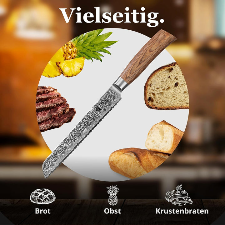 Wakoli EDIB Pro Brotmesser Wellenschliff aus echtem Damaststahl (VG10 Kern) 20 cm Klinge – Scharf &
