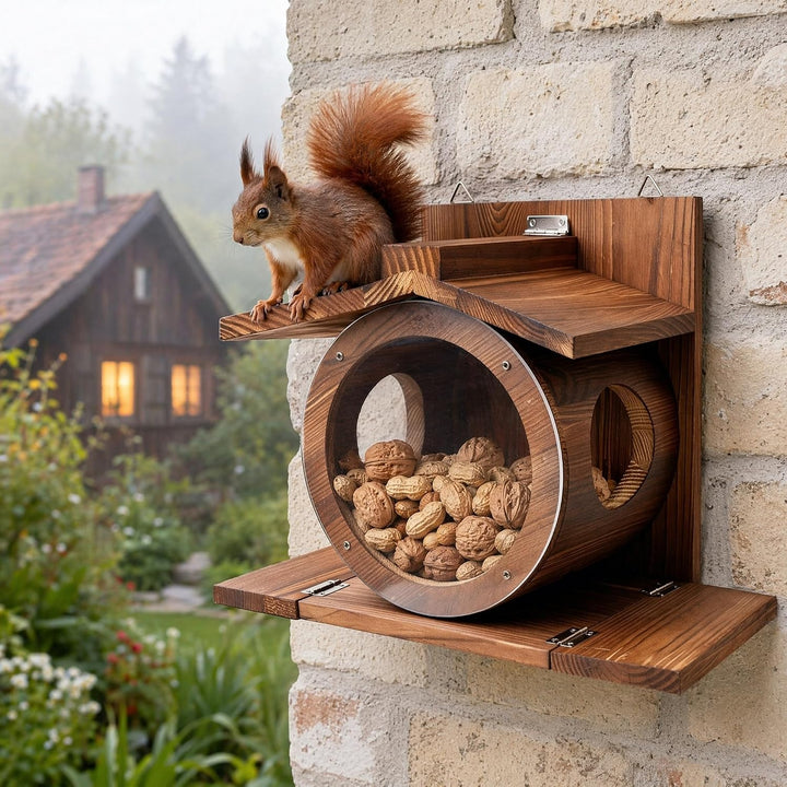 Eichhörnchen Futterhaus aus Holz, Eichhörnchen Futterstation mit Zwei seitlichen Futteröffnungen – V
