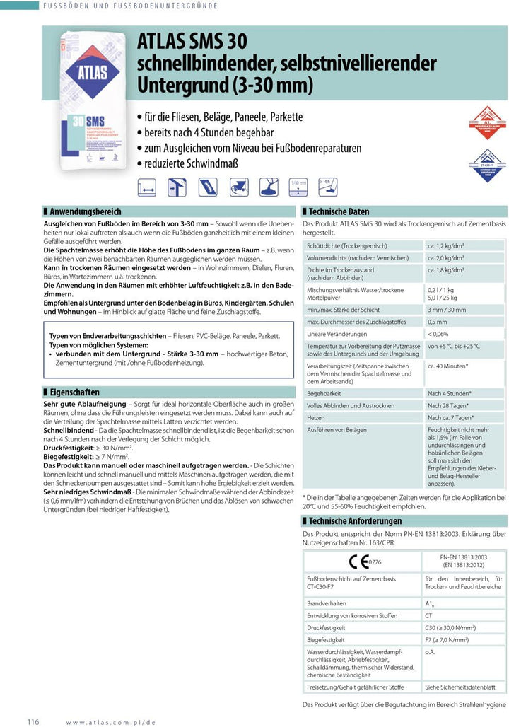 Schnellbindende, selbstnivellierende Ausgleichmasse (3-30 mm) 30 N/mm²
