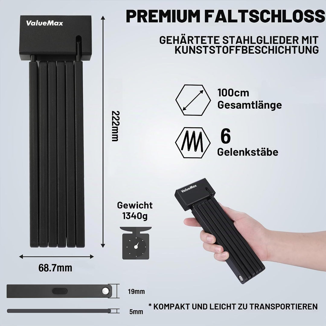 ValueMax Faltschloss mit Halterung, Fahrradschloss aus gehärtetem Stahl mit 2 Schlüssel, 100cm lang