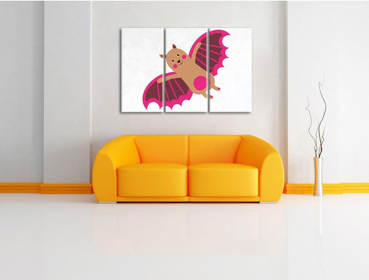 Pixxprint Niedliche Fledermaus / 3-Teilig/Gesamtmass 120cm Leinwandbild bespannt auf Holzrahmen/Wand