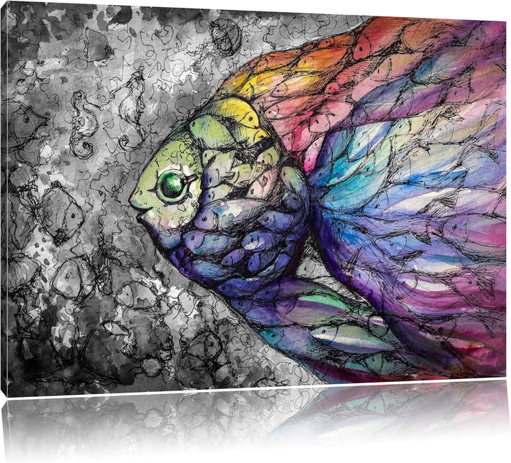 schön gezeichnete Fische schwarz/weiss Format: 100x70 auf Leinwand, XXL riesige Bilder fertig gerahm