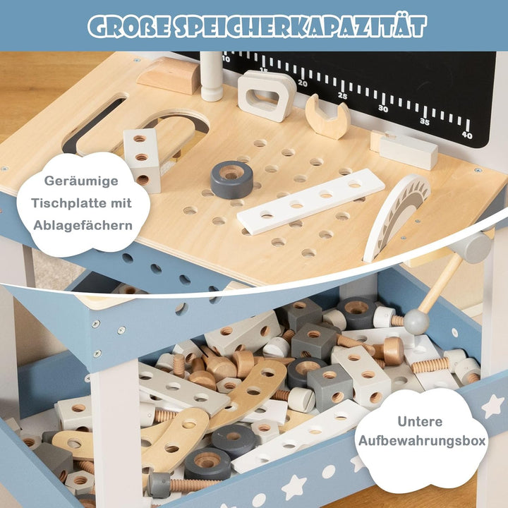 GOPLUS Kinder Werkzeugbank, Werkbank aus Holz mit Tafel, Uhr, Arbeitsplatte mit Steckplätzen & unter