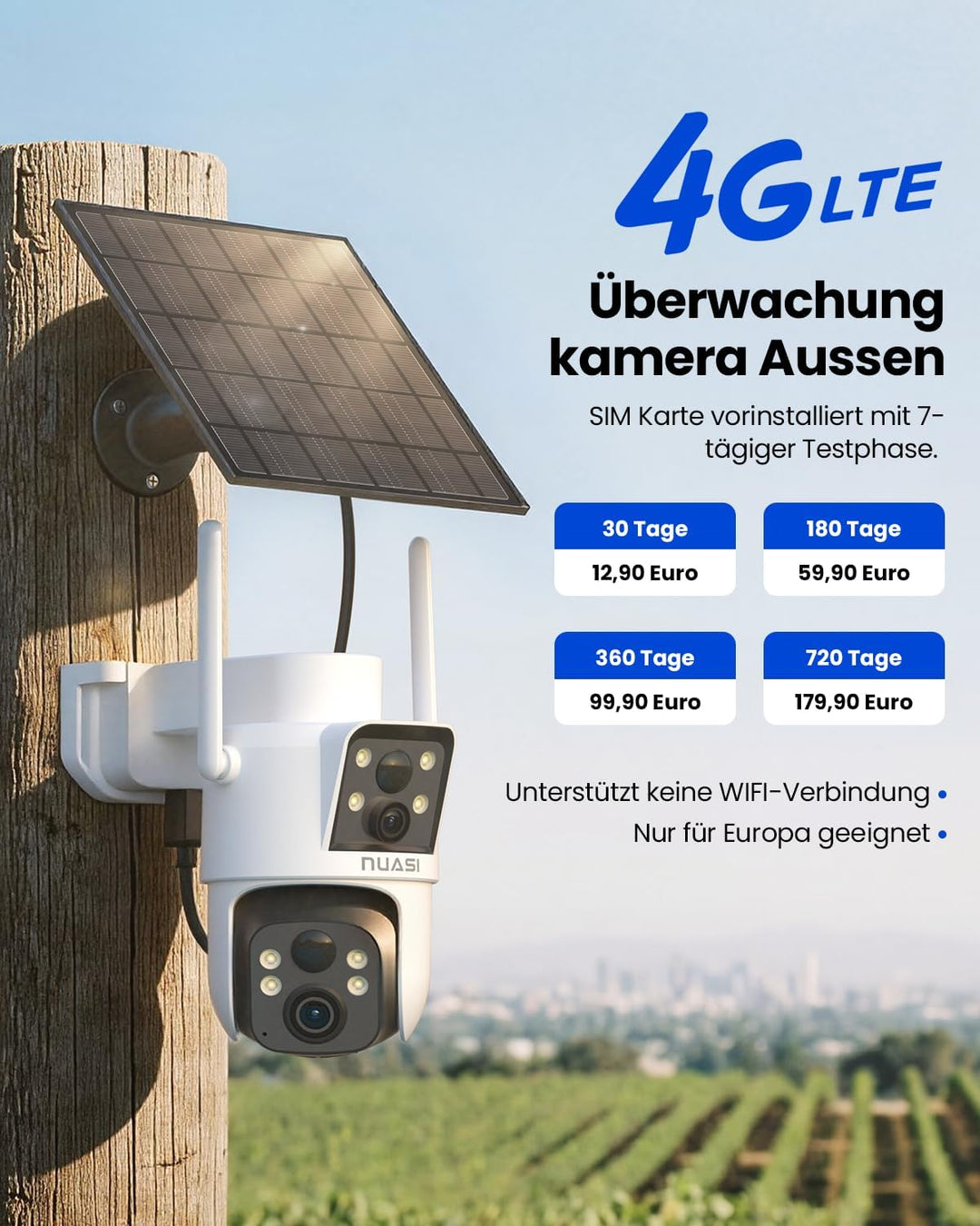 4G LTE Solar Überwachungskamera Aussen, 2K+2K Dual-Lens | PTZ Kamera, No WLAN kabellose Aussenkamera