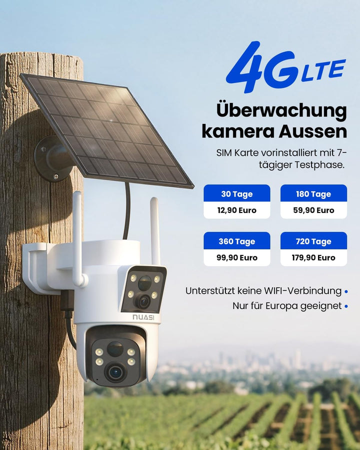 4G LTE Solar Überwachungskamera Aussen, 2K+2K Dual-Lens | PTZ Kamera, No WLAN kabellose Aussenkamera