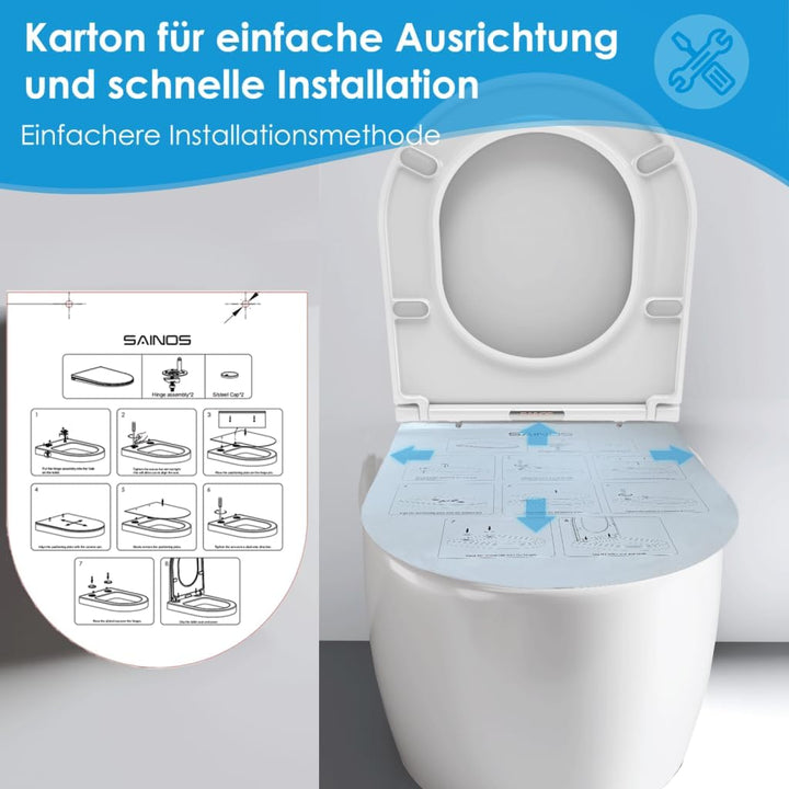 Duroplast WC-Sitz D-Form mit Absenkautomatik, Edelstahlscharnier, One-Touch-Schnellverschluss und ei