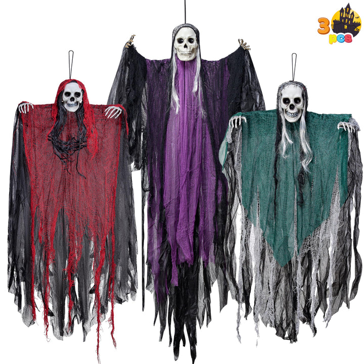 JOYIN 3 Stück Halloween-Skelett-Sensenmann-Dekoration zum Aufhängen, EIN 134 cm grosses Halloween-Sk