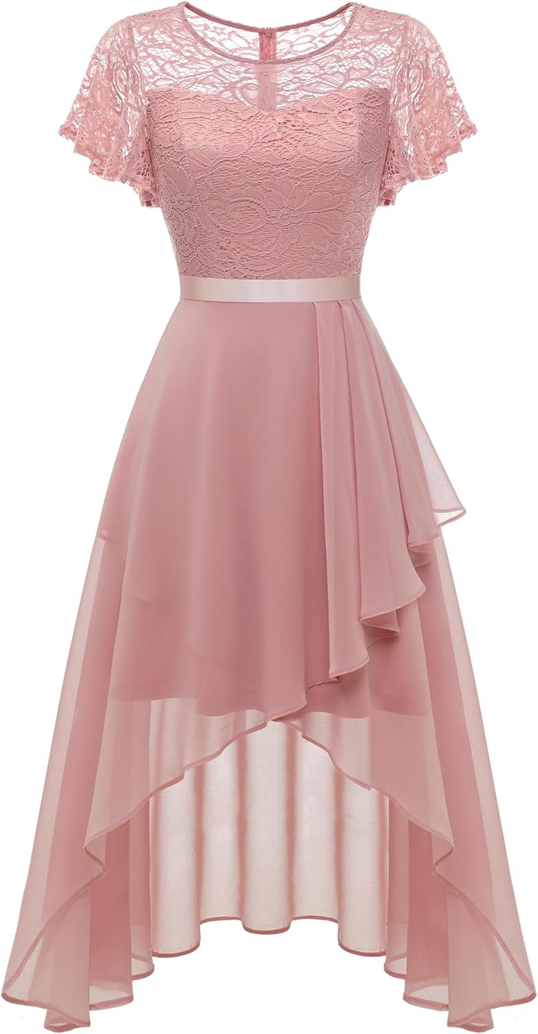 Wedtrend Abendkleid Damen Elegant für Hochzeit High Low Cocktailkleid Chiffonkleid mit Spitzen A Lin