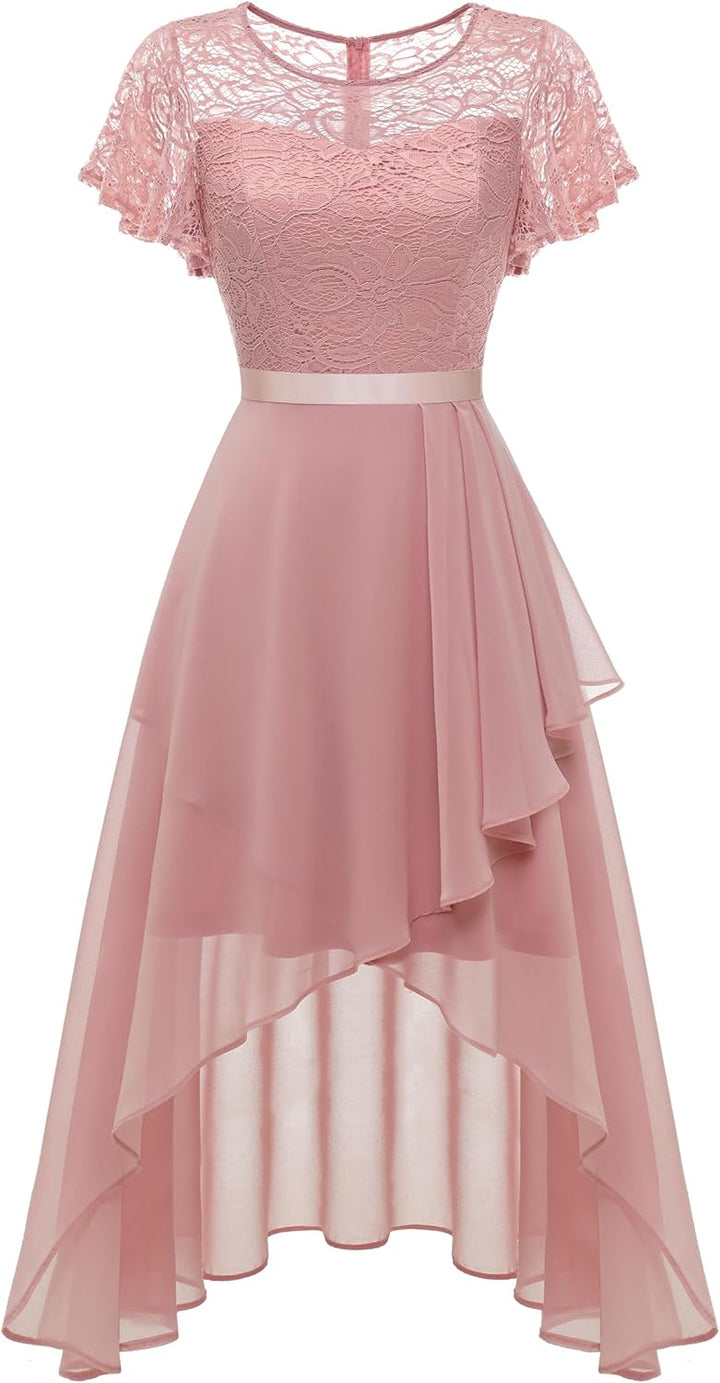 Wedtrend Abendkleid Damen Elegant für Hochzeit High Low Cocktailkleid Chiffonkleid mit Spitzen A Lin