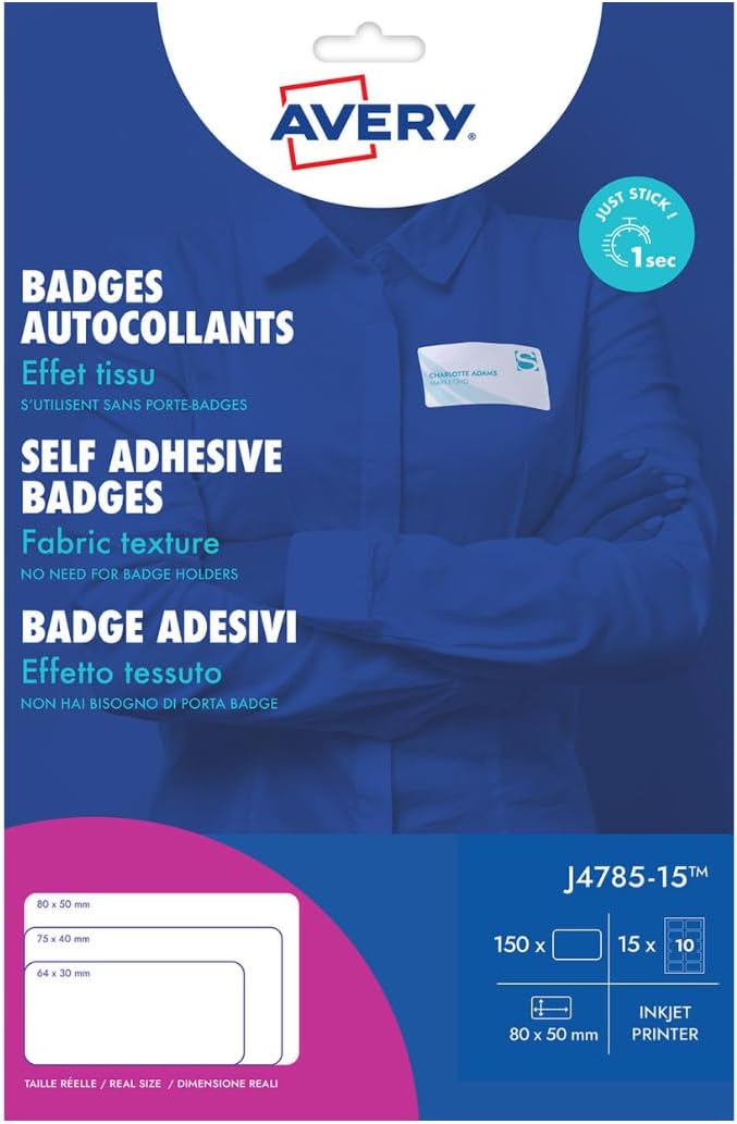Avery – 150 Namensschilder bedruckbar für Textilien, aus weissem Polyester, Format 80 x 50 mm, Tinte