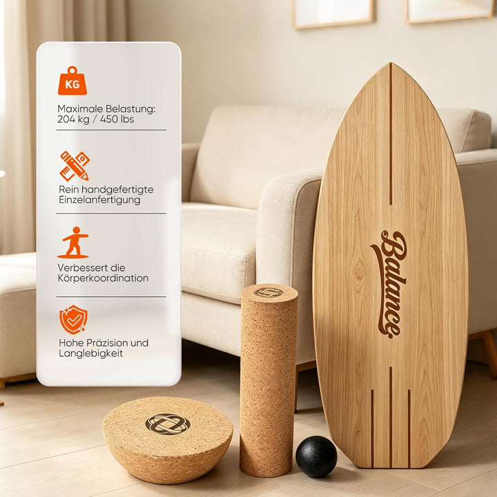 Balance Board Komplett-Set aus Massivholz – 4-in-1 Gleichgewichtsboard mit Rolle, Halbkugel &amp; Faszie
